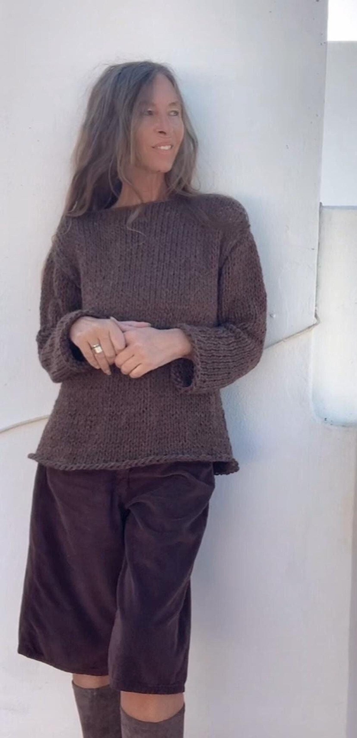 Brown Handknit Alpaca Sweater: Women's Slouchy Pullover no Acrylic