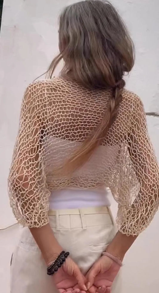 Ecru Linen Knit Bolero Shrug: Open Weave Summer Cover-Up