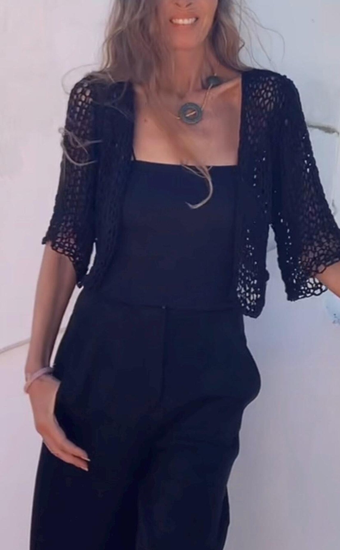 Handknit Black Linen Bolero Cardigan: Elbow Sleeve Summer Coverup