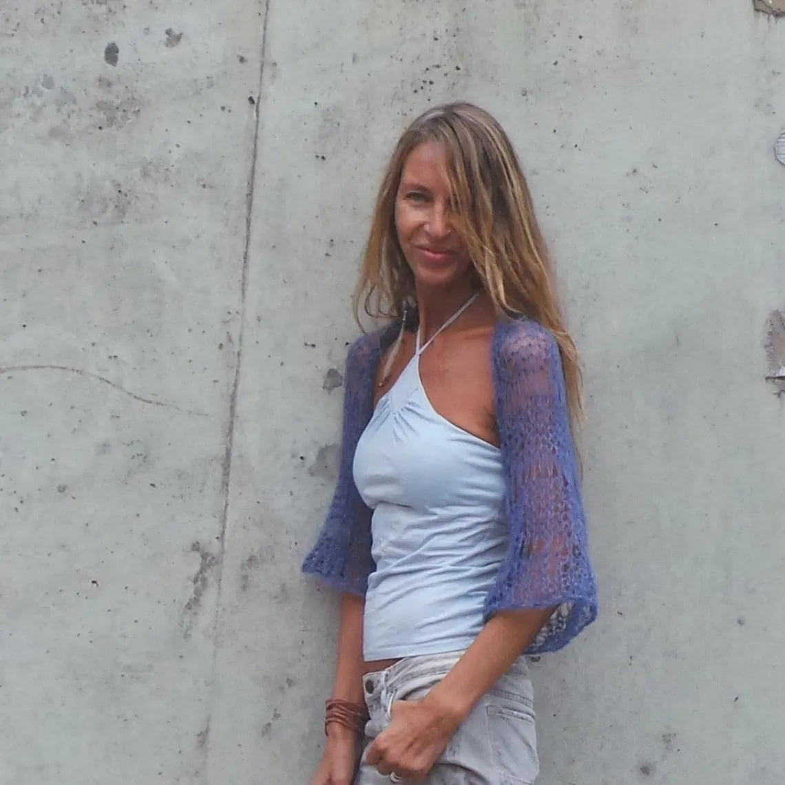 Blue Silk Alpaca Bolero Shrug: Sheer Knit Summer Top