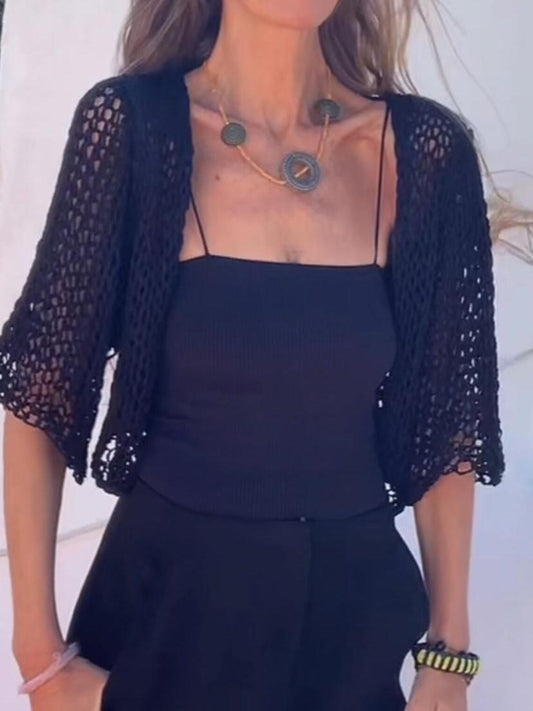 Handknit Black Linen Bolero Cardigan: Elbow Sleeve Summer Coverup