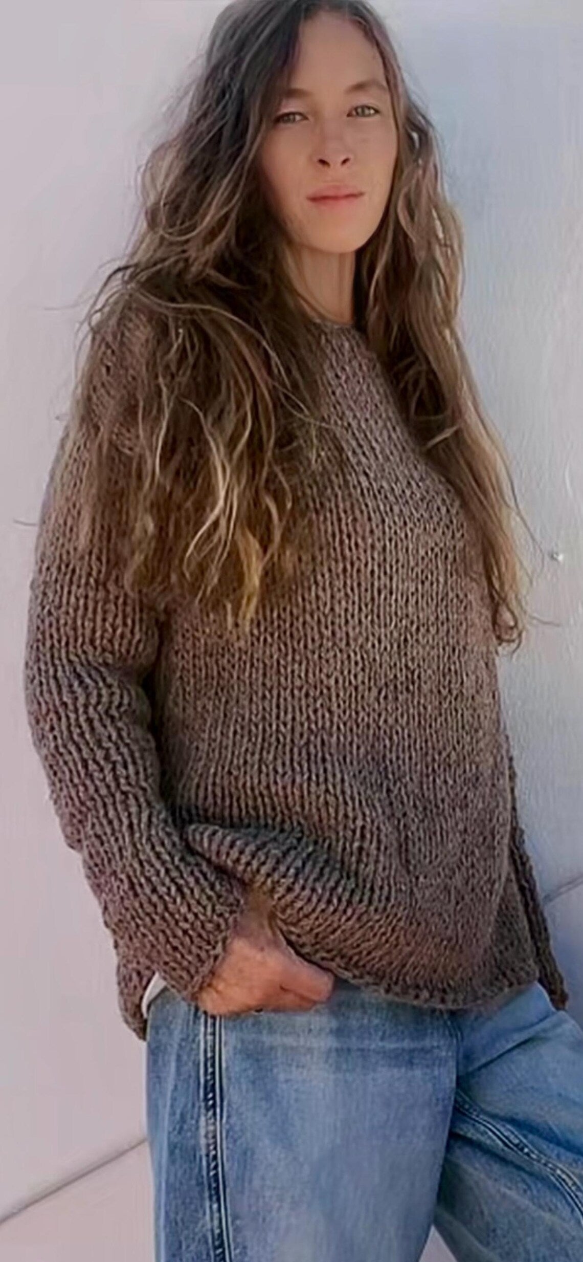 Beige Handknit Alpaca Sweater: Women's Slouchy Pullover no Acrylic