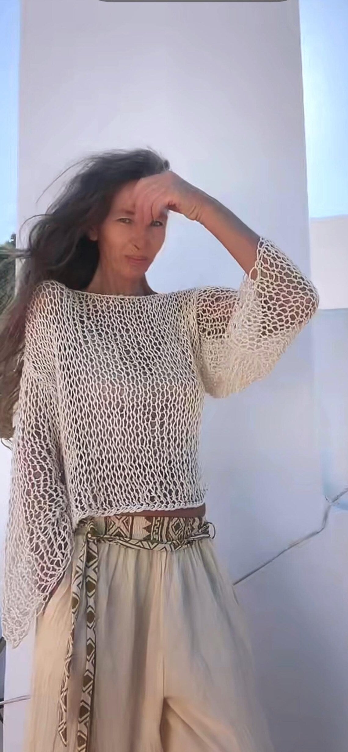 Handmade Cotton Crop Top, ivory white Slouchy Knit Sweater, Beach Cover