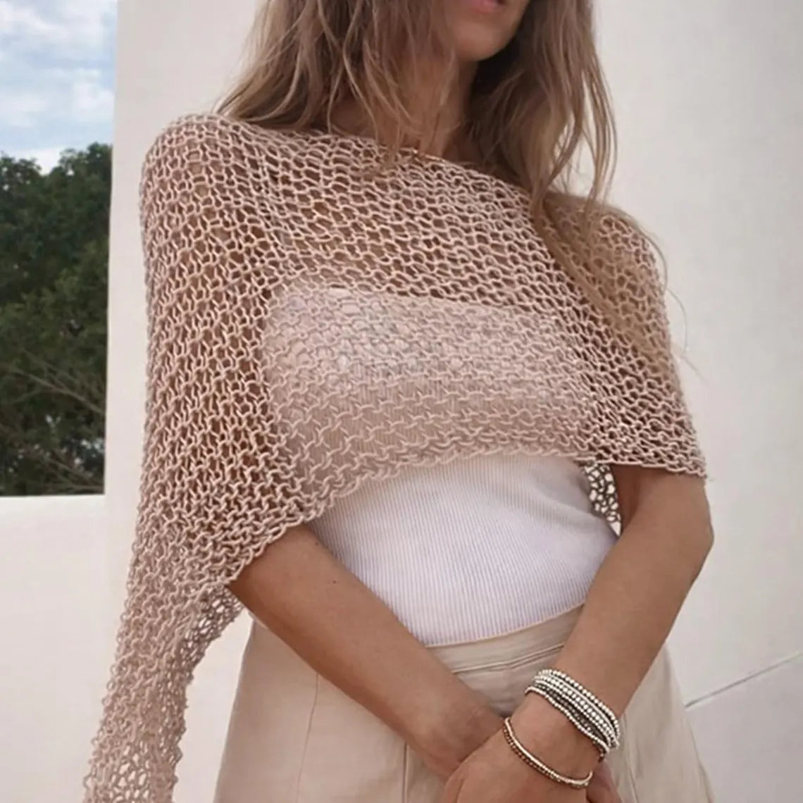 Beige cotton poncho, cover up, vegan top, sheer, handmade knitwear