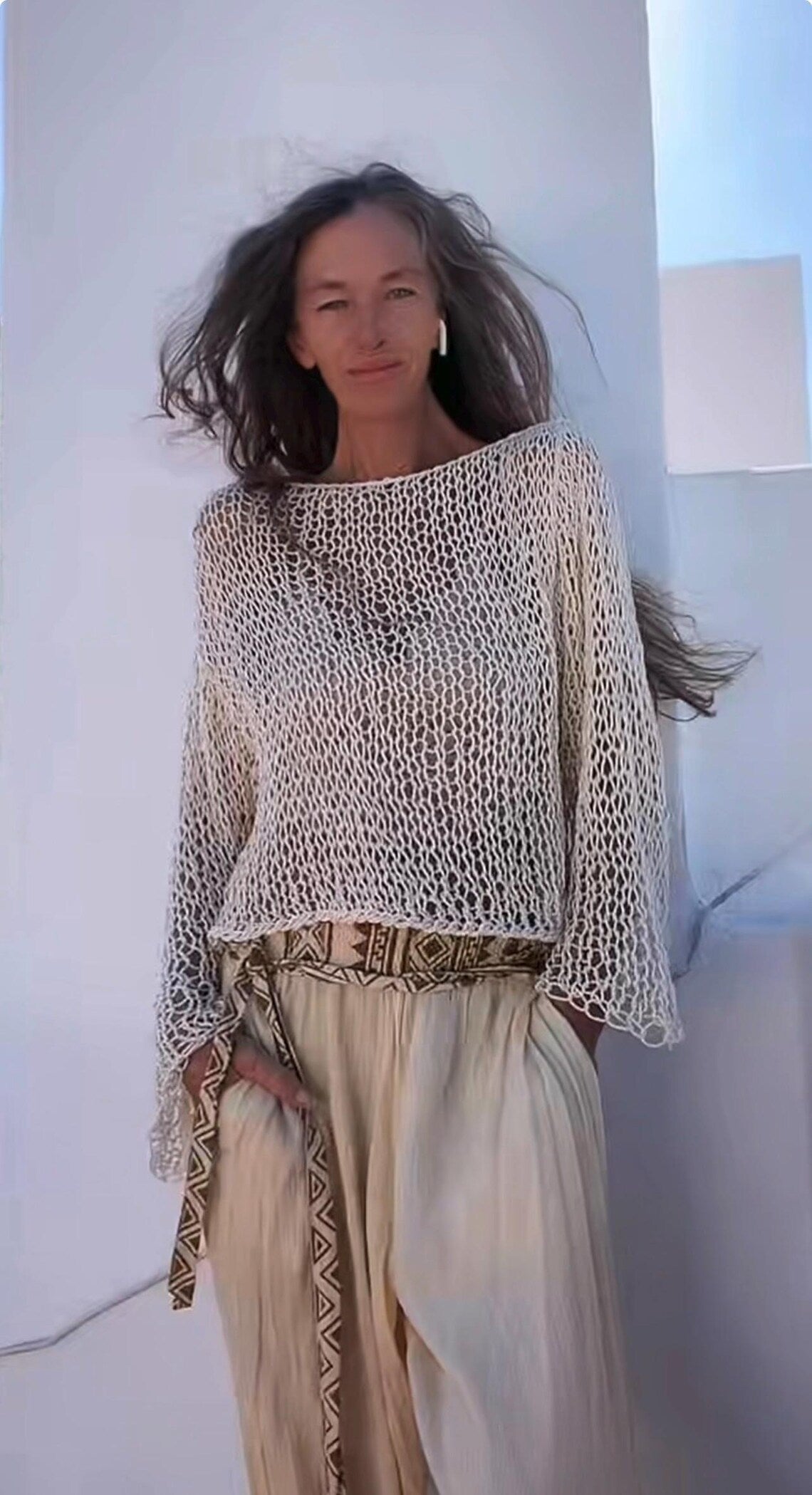 Handmade Cotton Crop Top, ivory white Slouchy Knit Sweater, Beach Cover