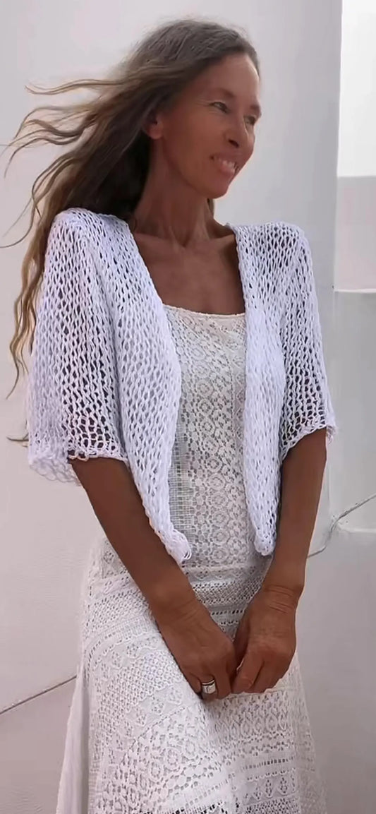 Handknit Linen Blend Bolero Shrug: White Summer Cardigan