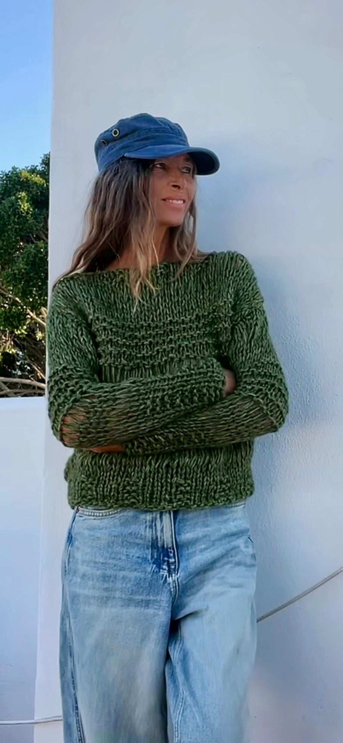 Olive green loose knit pullover sweater with thumbholes