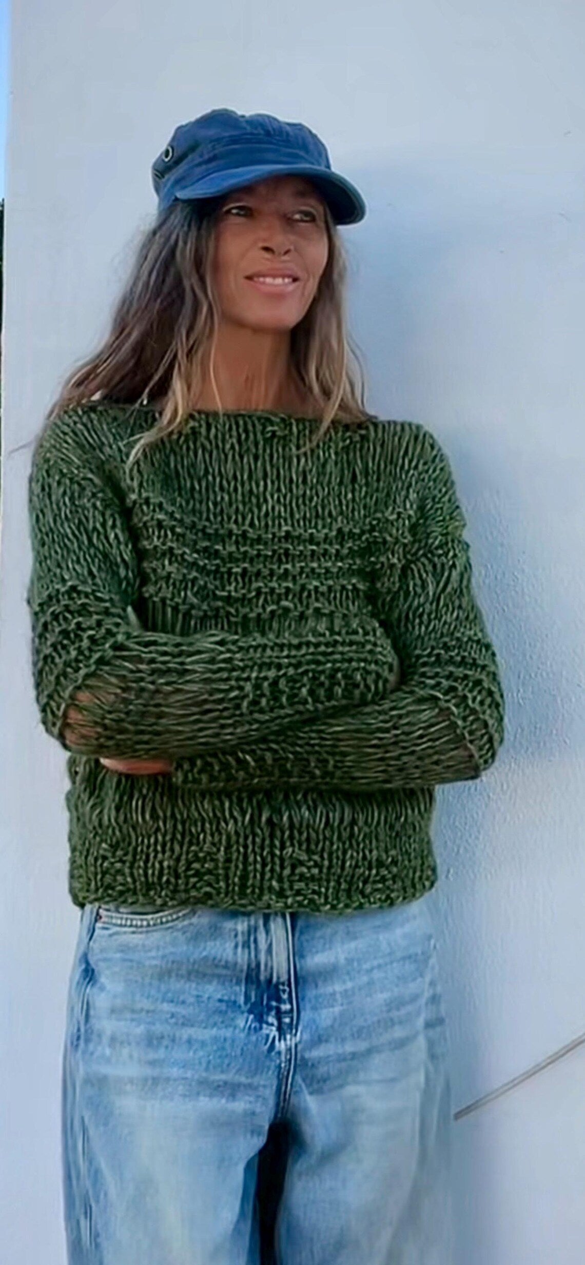 Olive green loose knit pullover sweater with thumbholes
