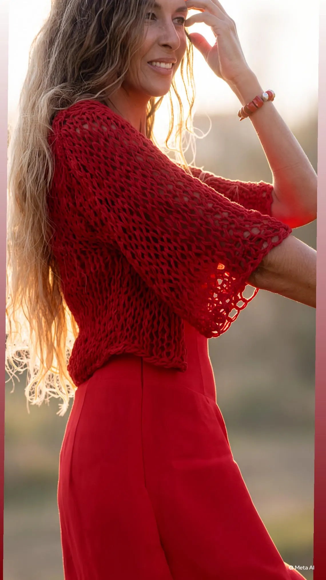 Red Linen Cotton Knit Bolero Shrug - Cropped Cardigan