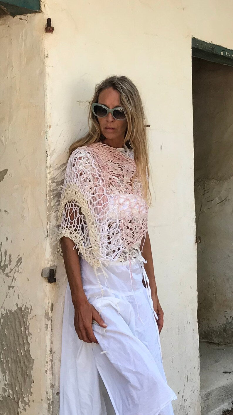 Boho Knitwear Shawl: Cotton Linen Poncho Cover-Up