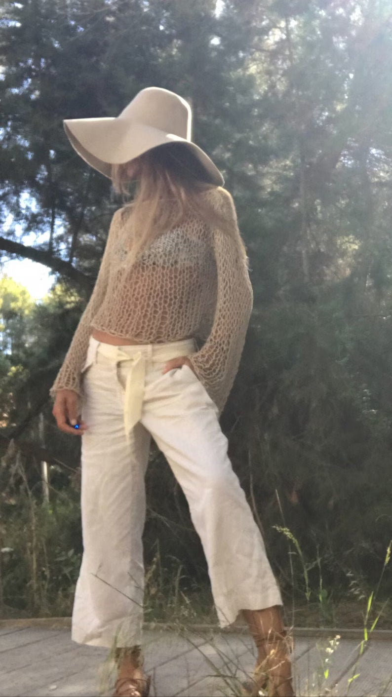 Beige cotton crop top loose knit, side sleeve, beach sweater