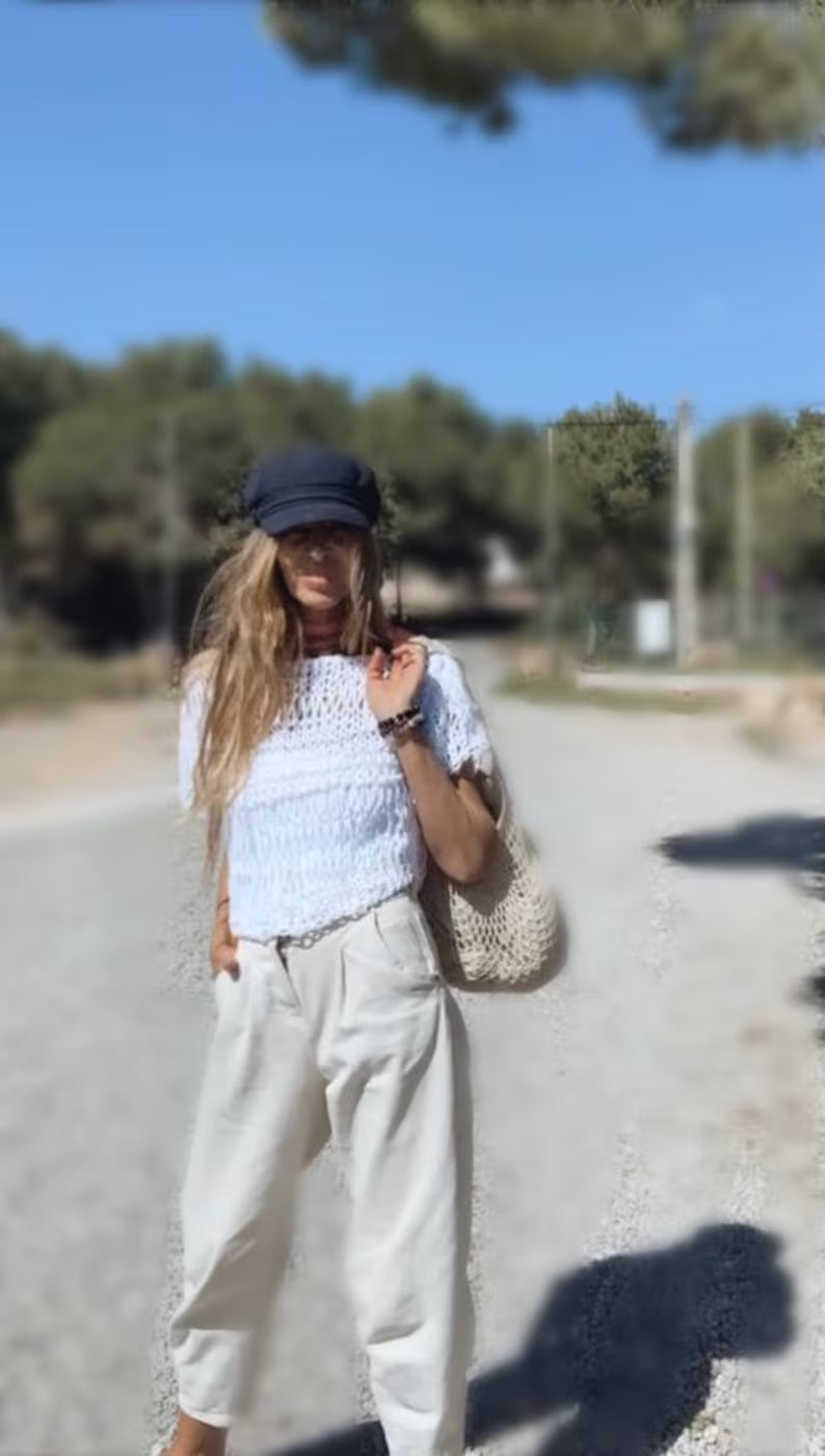 White Cotton Knit Crop Top: Open Weave Summer Sweater