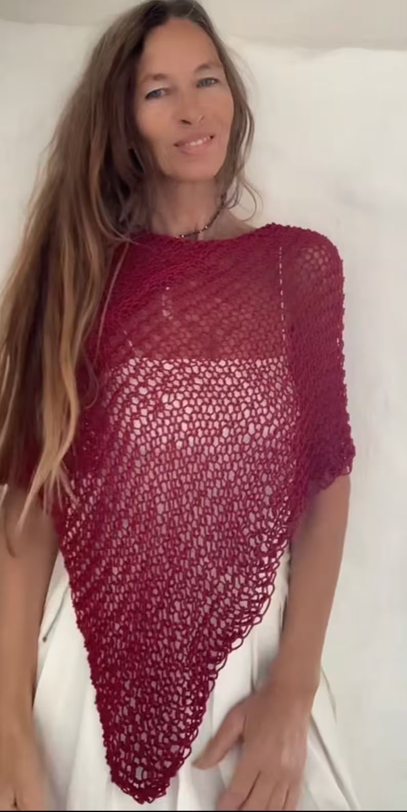 Burgundy red Poncho, cotton Poncho, Hand knit ethical sustainable vegan clothing