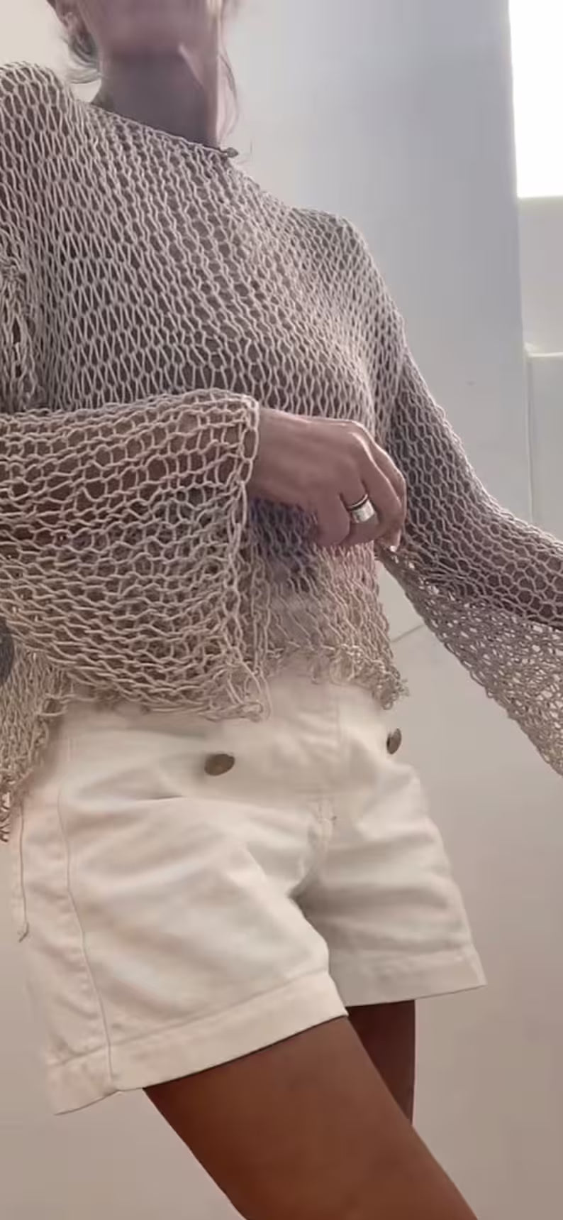 Handmade Cotton Crop Top, Beige Slouchy Knit Sweater, Beach Cover