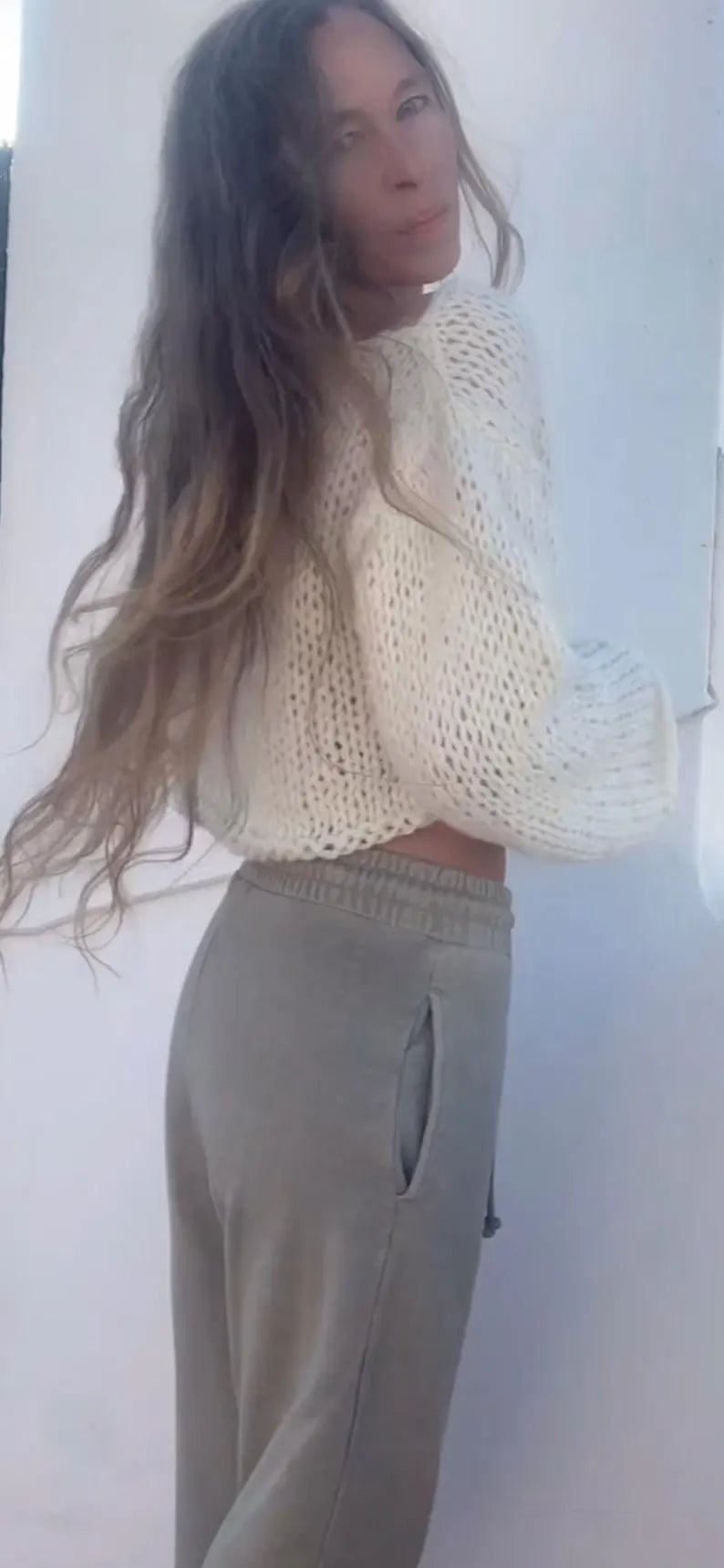 Handknit Ivory Alpaca Crop Top: Minimalist Knit Sweater