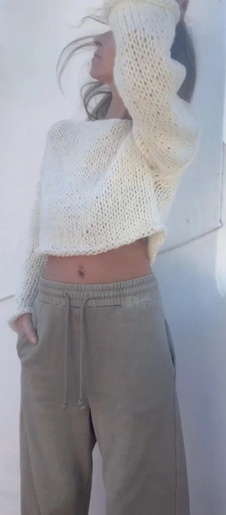 Handknit Ivory Alpaca Crop Top: Minimalist Knit Sweater