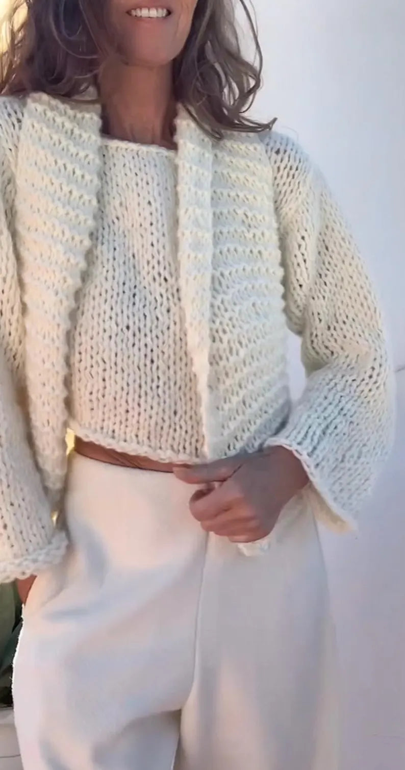 Handknit Ivory Alpaca Crop Top: Minimalist Knit Sweater