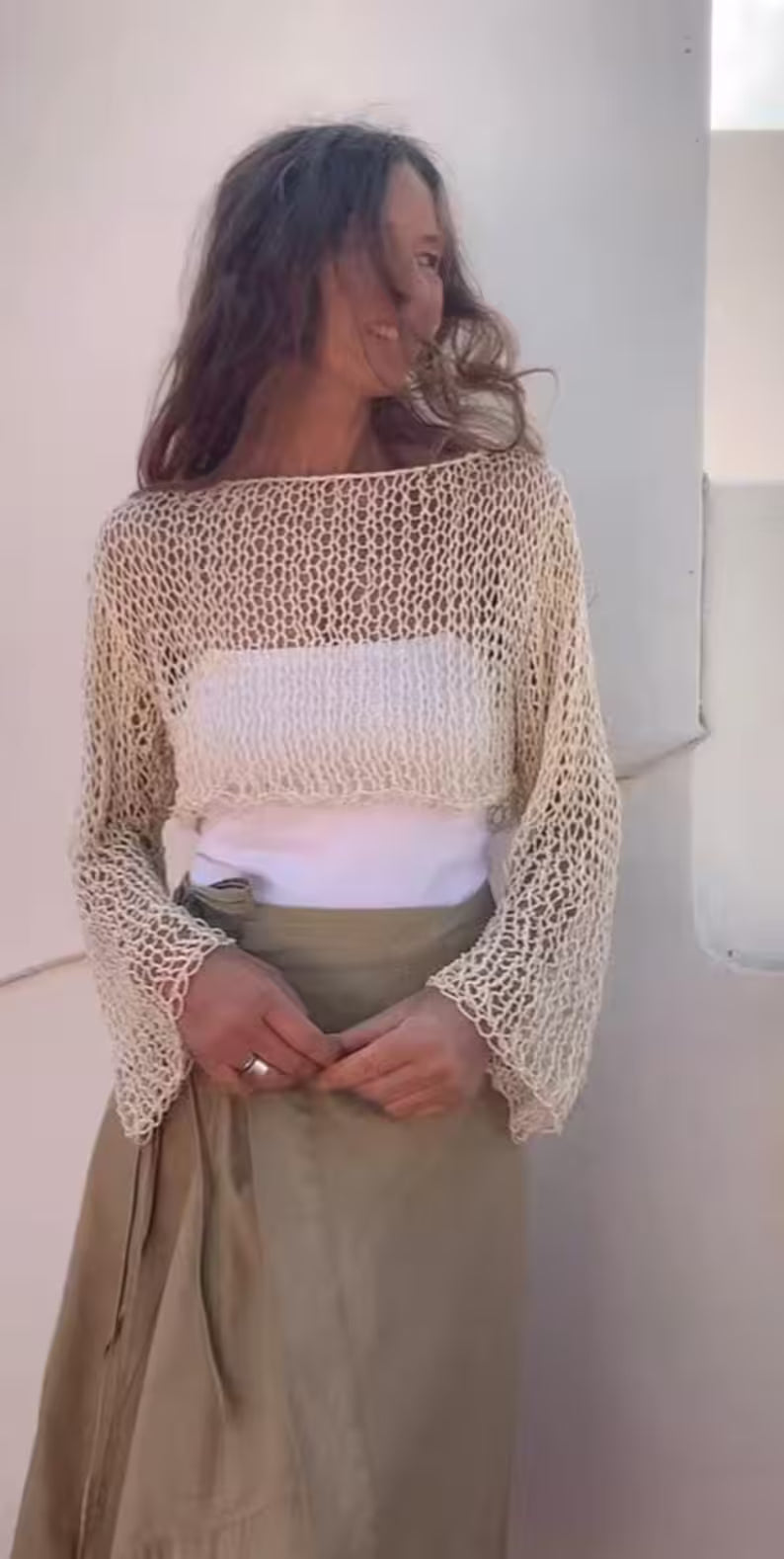 Cropped Cotton Knit Sweater: Ivory White Y2K Beach Cover-Up