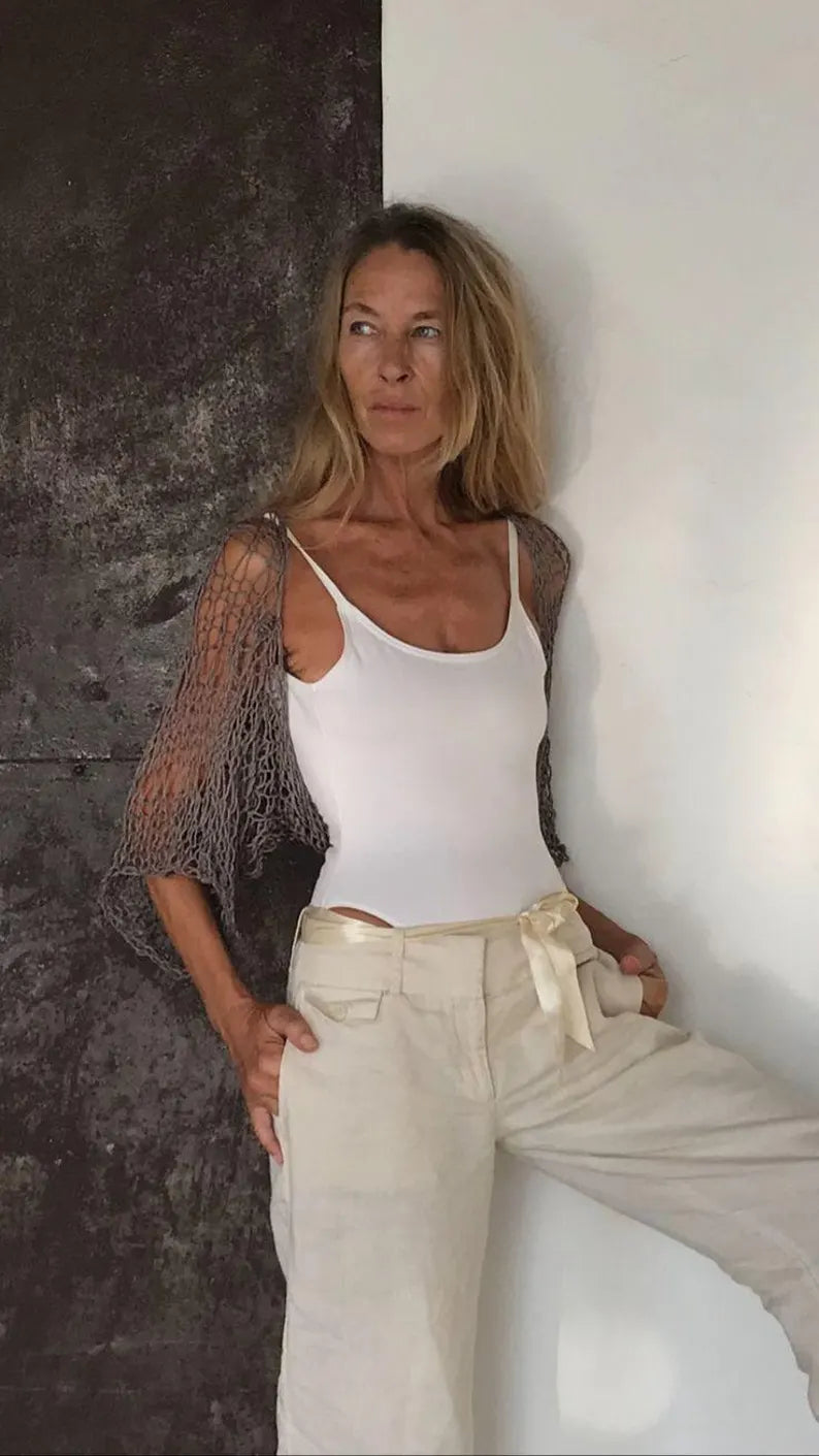 Ecru Linen Knit Bolero Shrug: Open Weave Summer Cover-Up