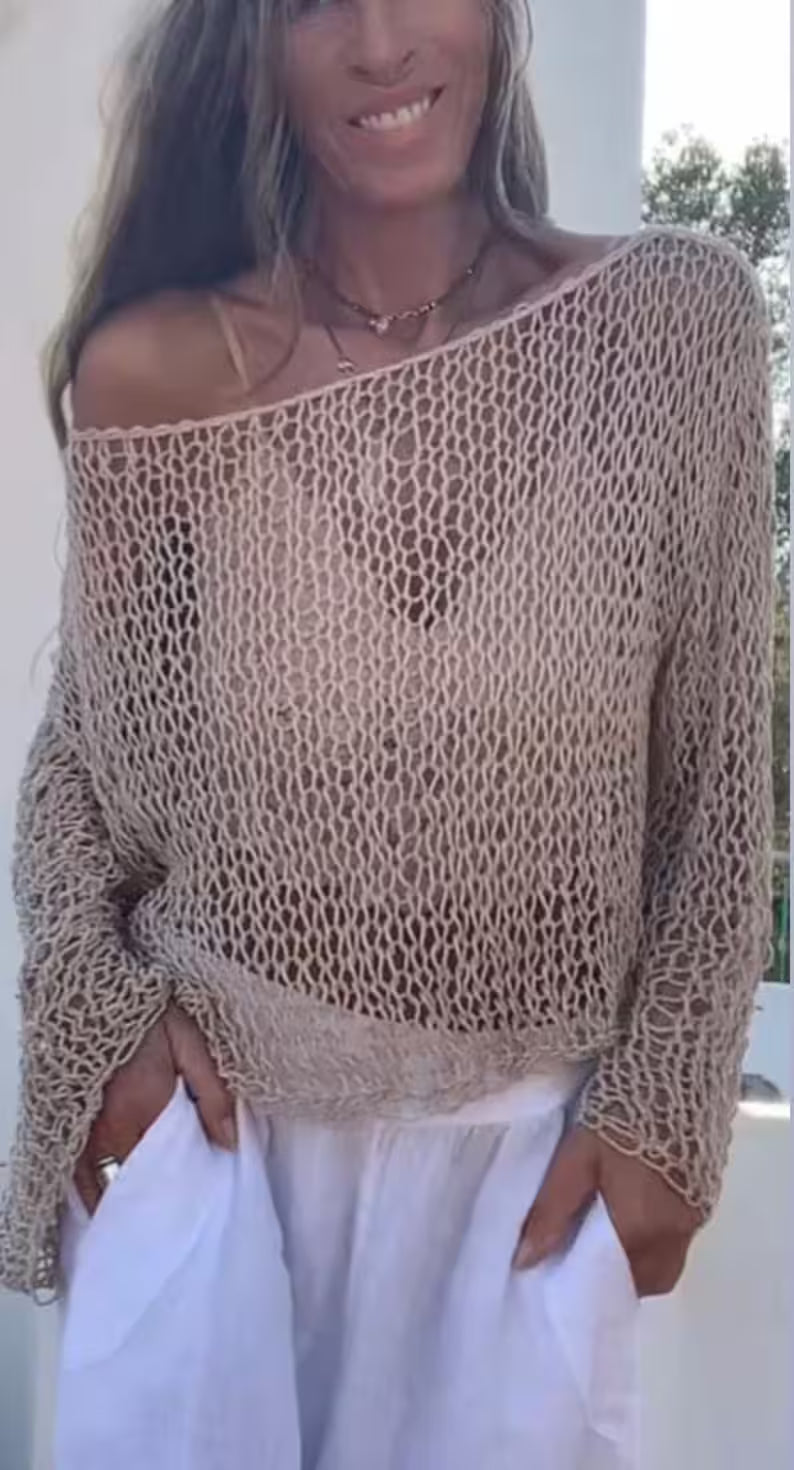 Handmade Cotton Crop Top, Beige Slouchy Knit Sweater, Beach Cover