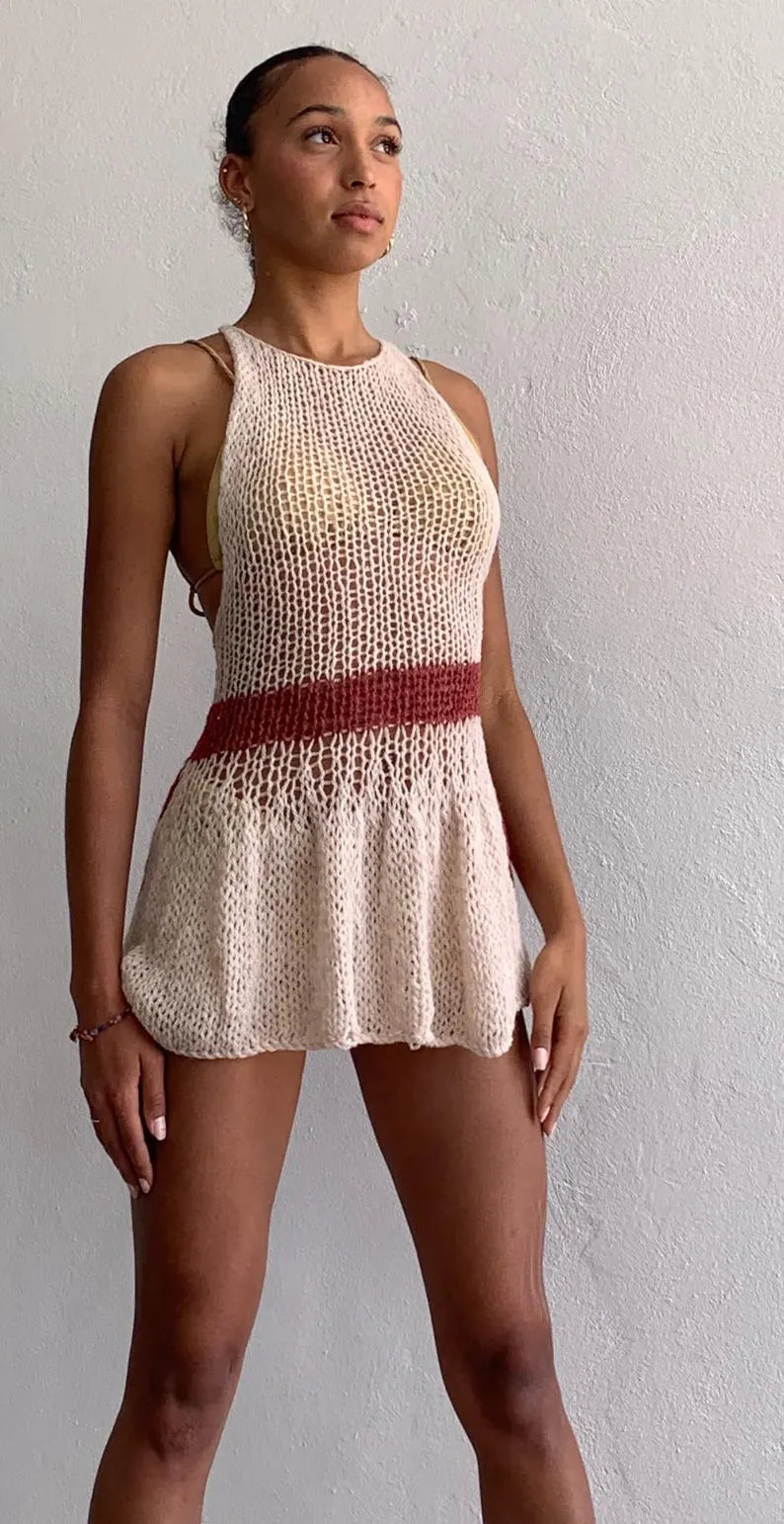 ecru mini dress, with racer back detail in red, and a red waistband, alpaca blend