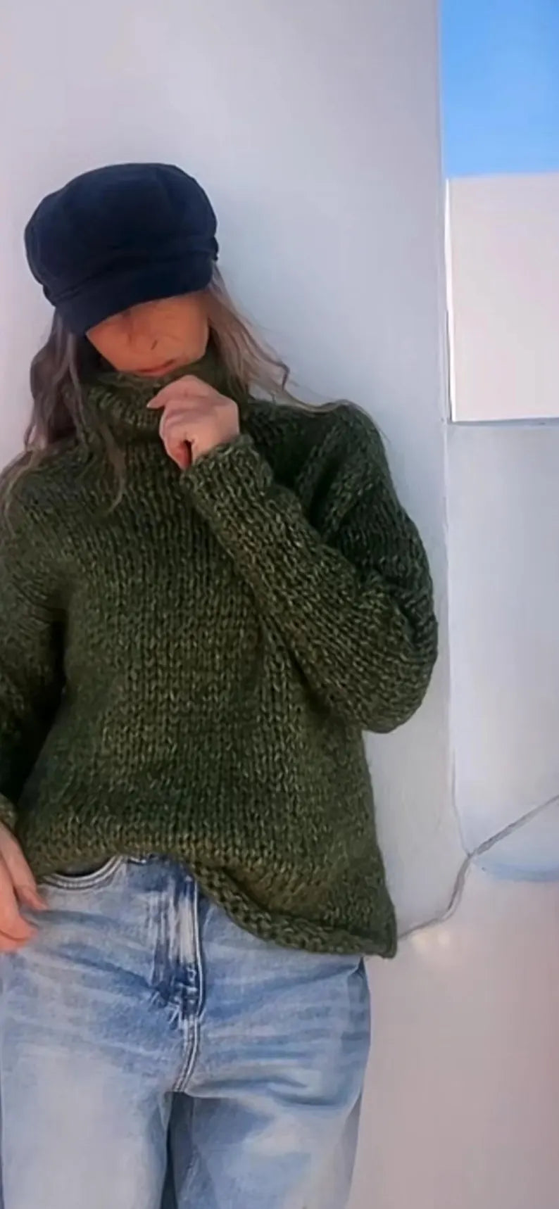 Green Alpaca Blend Sweater: Oversized Slouchy Poloneck Jumper