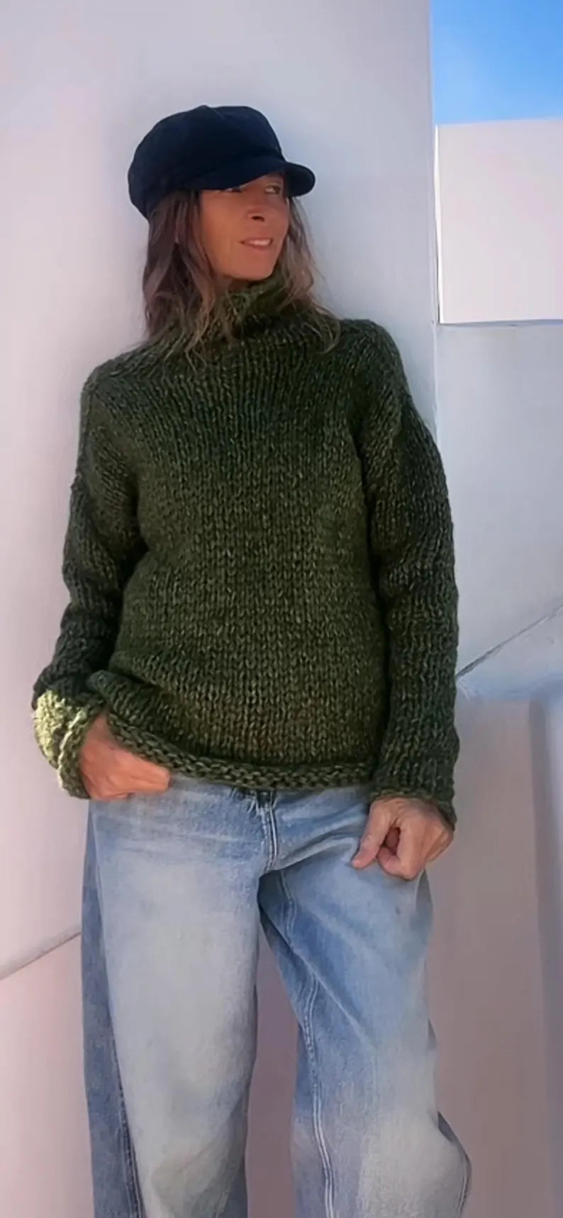 Green Alpaca Blend Sweater: Oversized Slouchy Poloneck Jumper