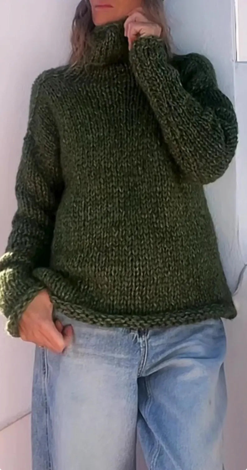 Green Alpaca Blend Sweater: Oversized Slouchy Poloneck Jumper