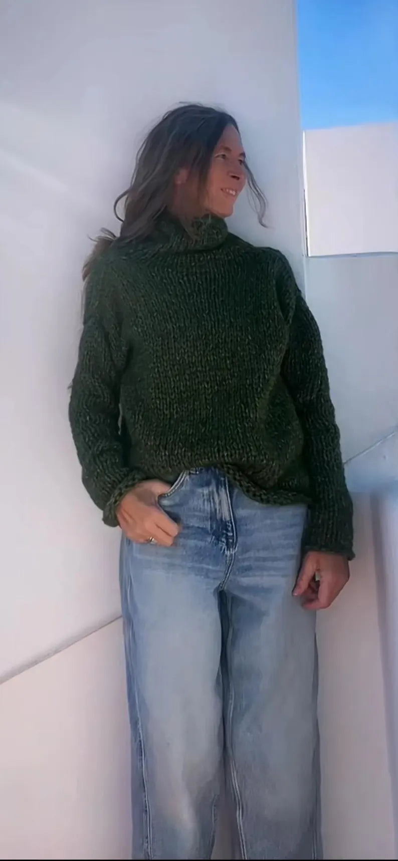 Green Alpaca Blend Sweater: Oversized Slouchy Poloneck Jumper