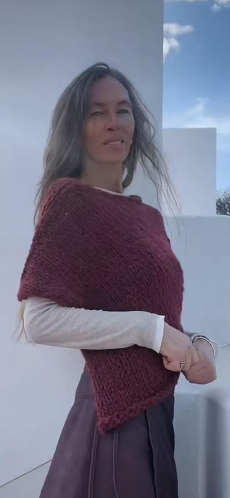 Burgundy Alpaca Blend Knit Poncho: Handmade Capelet