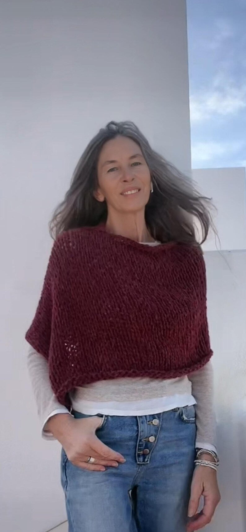 Burgundy Alpaca Blend Knit Poncho: Handmade Capelet