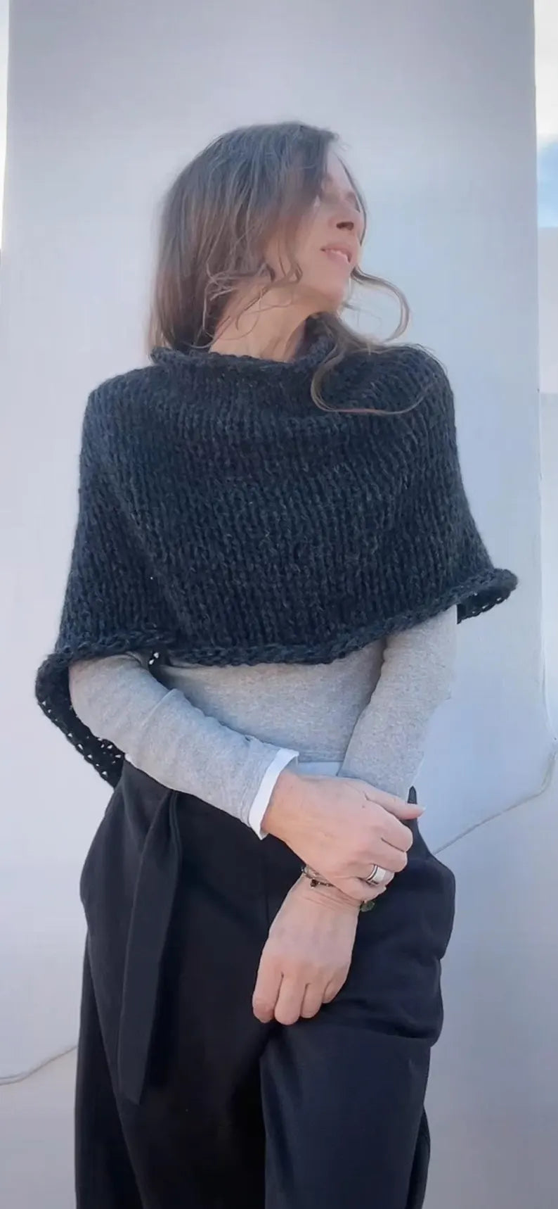 Charcoal Gray Alpaca poncho cover-up, hand knit sustainable ethical fashion