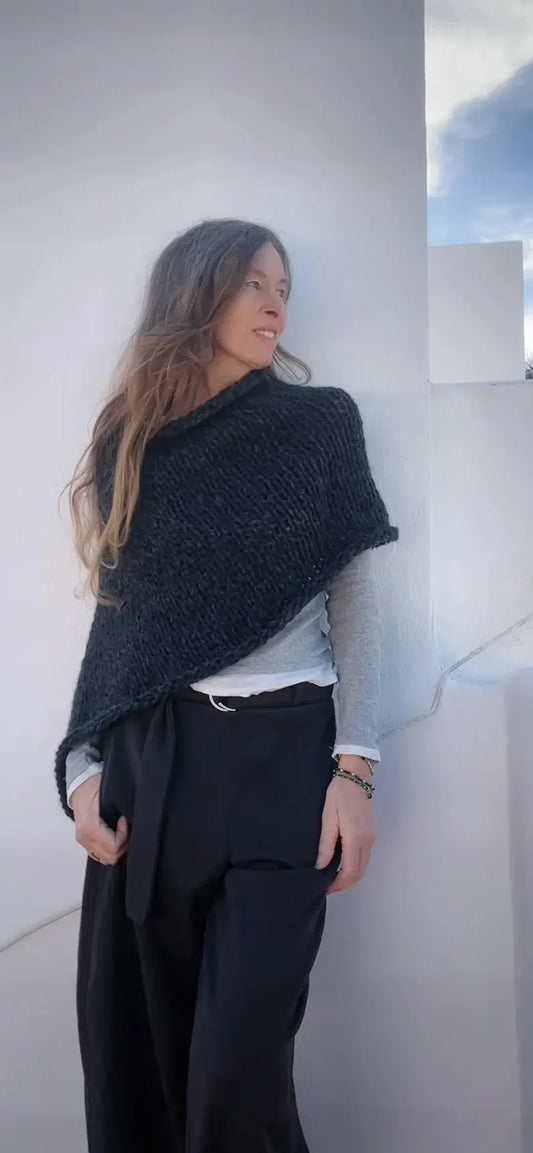 Charcoal Gray Alpaca poncho cover-up, hand knit sustainable ethical fashion