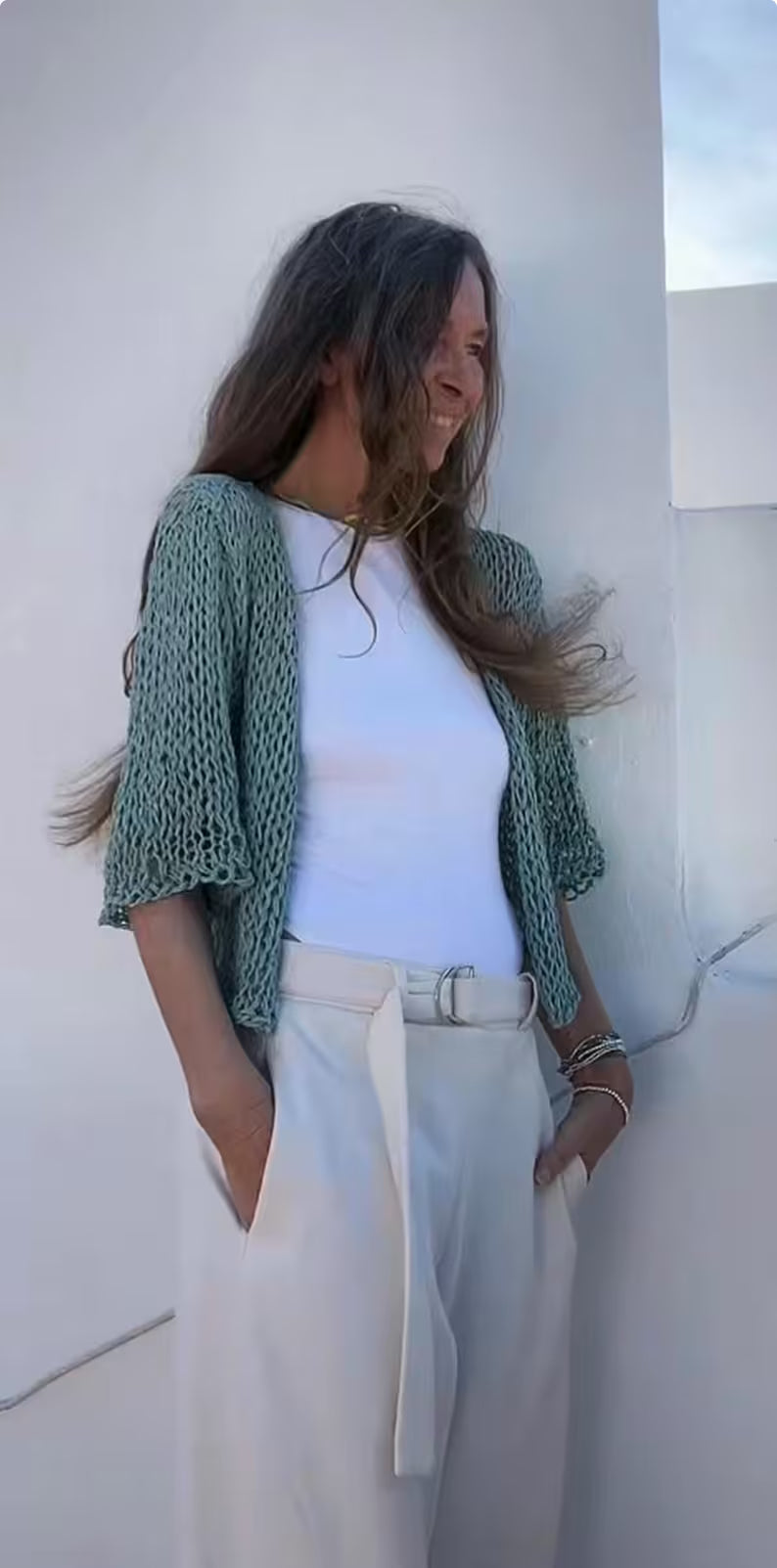 turquoise blue Handknit Linen Blend Bolero Shrug: Summer Cardigan