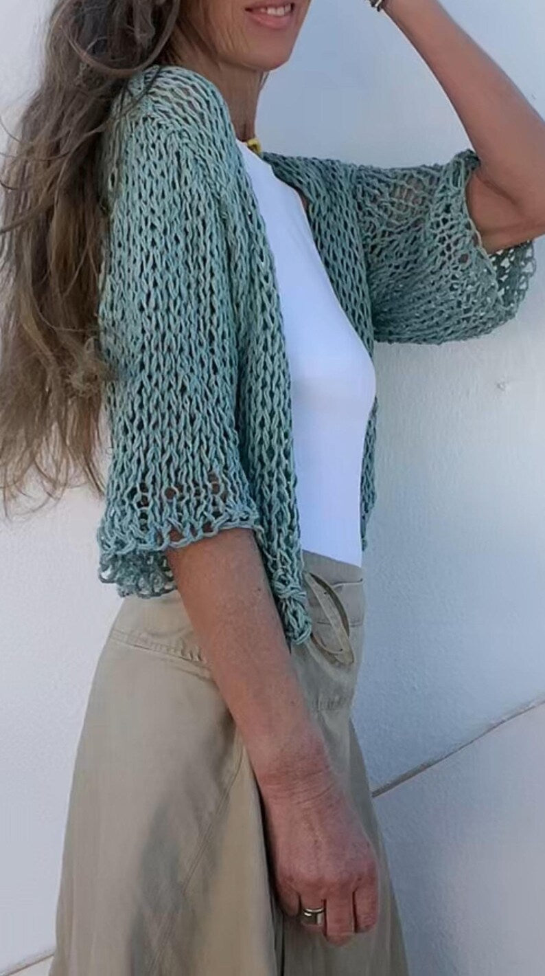 turquoise blue Handknit Linen Blend Bolero Shrug: Summer Cardigan