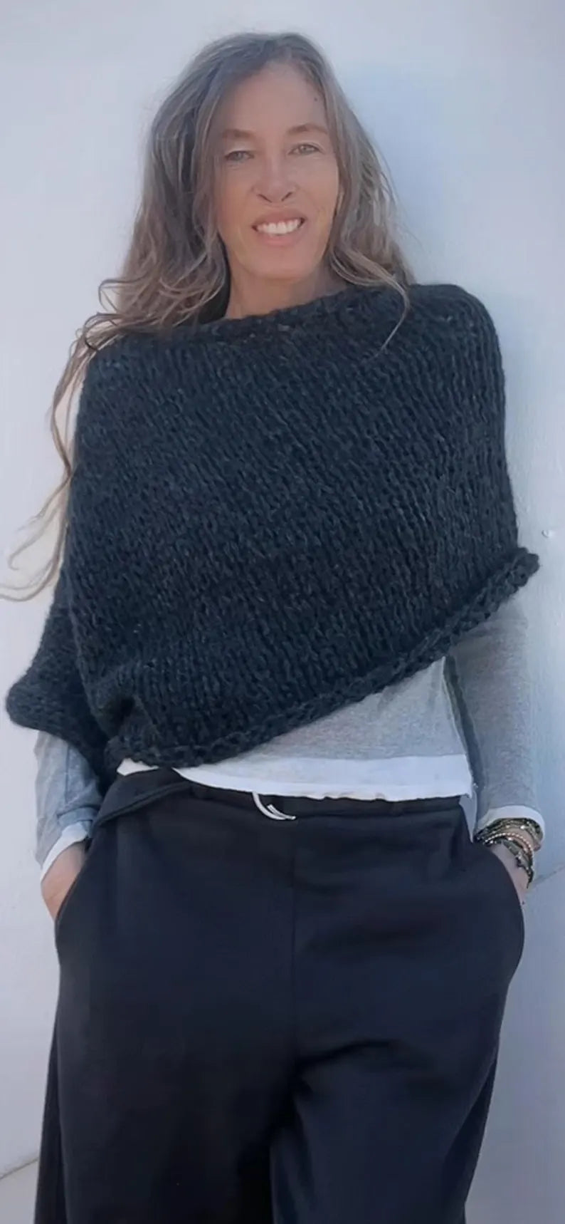 Charcoal Gray Alpaca poncho cover-up, hand knit sustainable ethical fashion