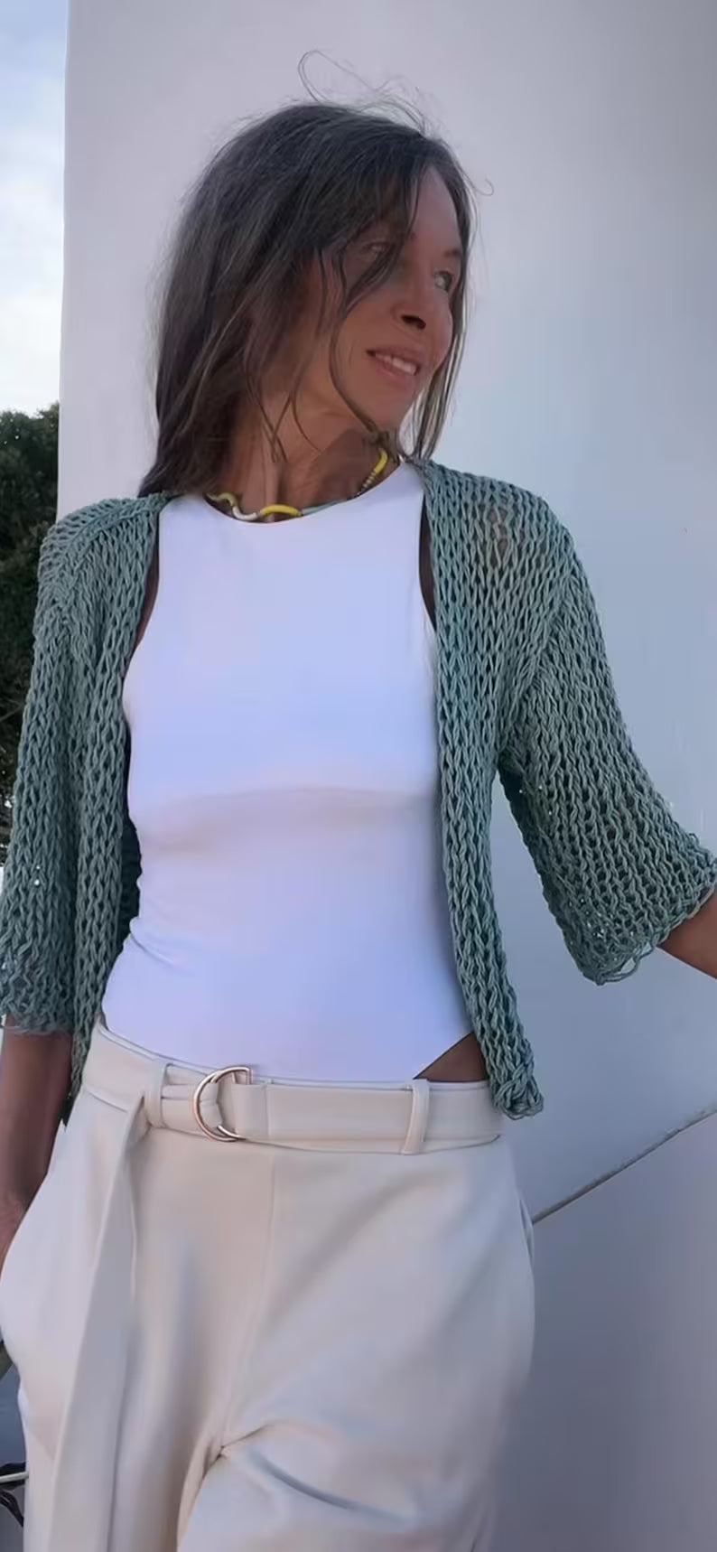 turquoise blue Handknit Linen Blend Bolero Shrug: Summer Cardigan