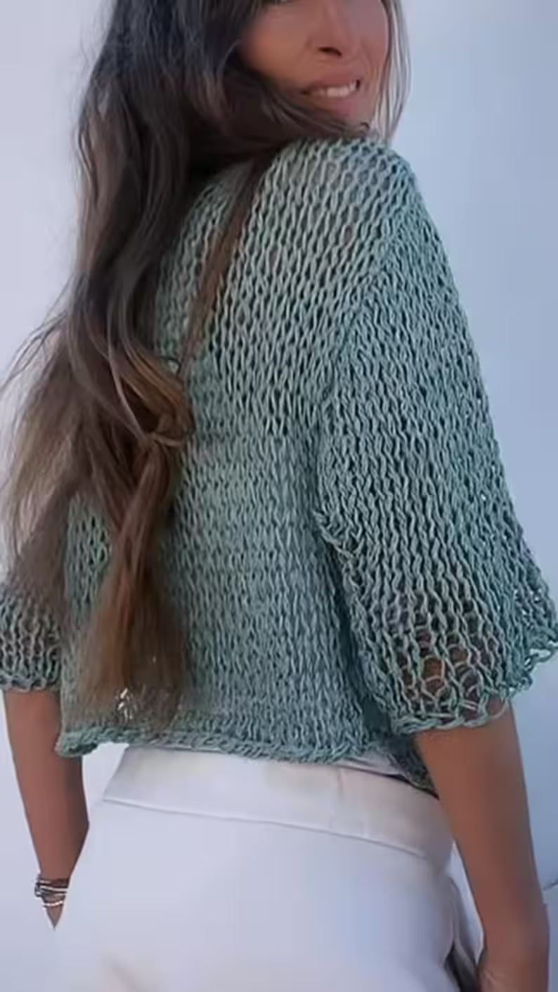 turquoise blue Handknit Linen Blend Bolero Shrug: Summer Cardigan