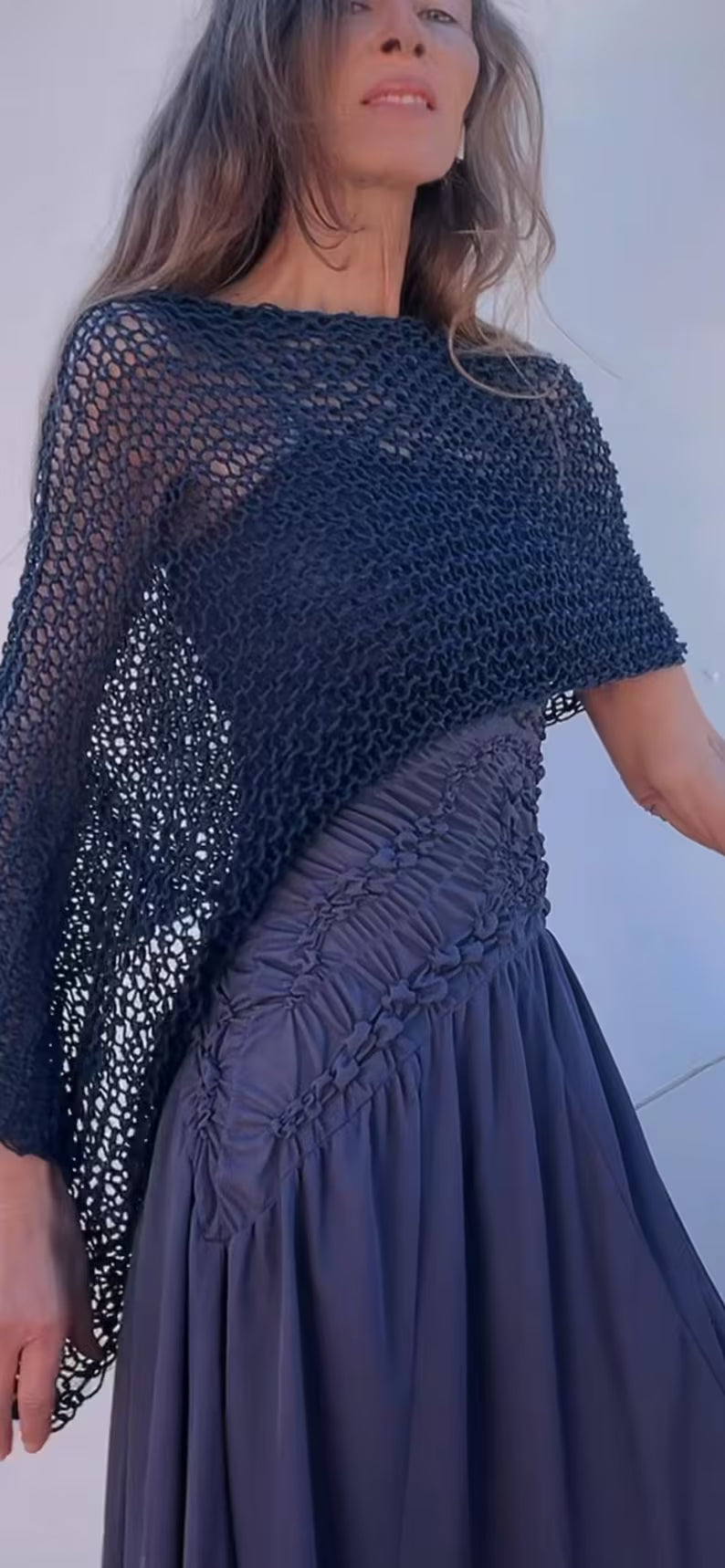 blue cotton poncho denim blue loose knit summer poncho.