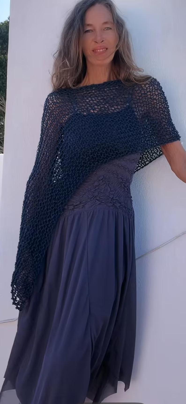 blue cotton poncho denim blue loose knit summer poncho.
