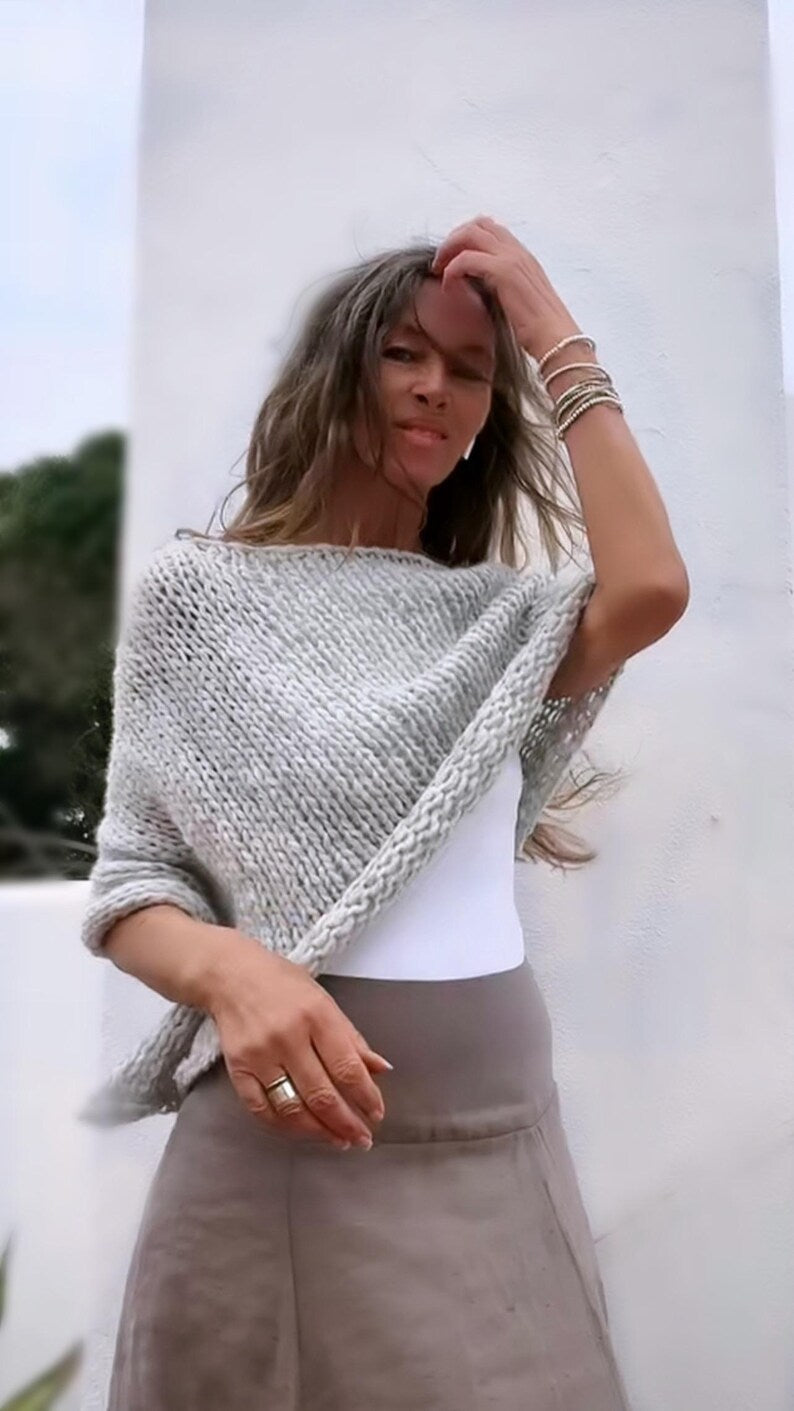 Silver gray poncho alpaca poncho cover-up
