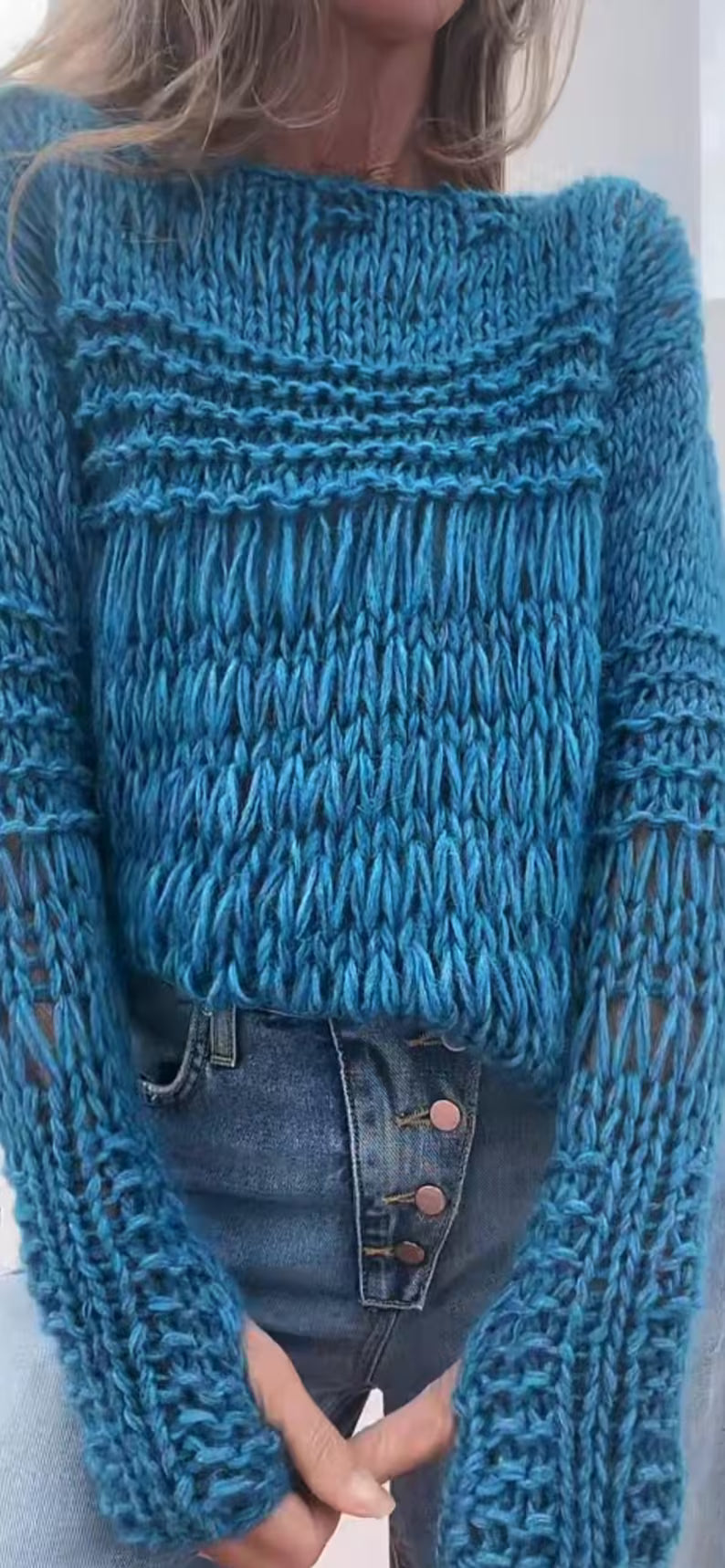 blue looseknit pullover sweater with thumbholes