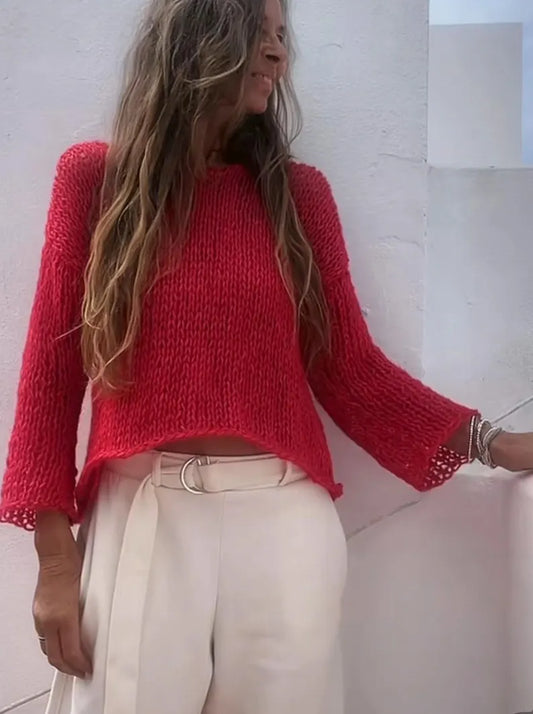 Red sweater, transitional airy lightweight oversized relaxed fit summer knit alpaca blend
