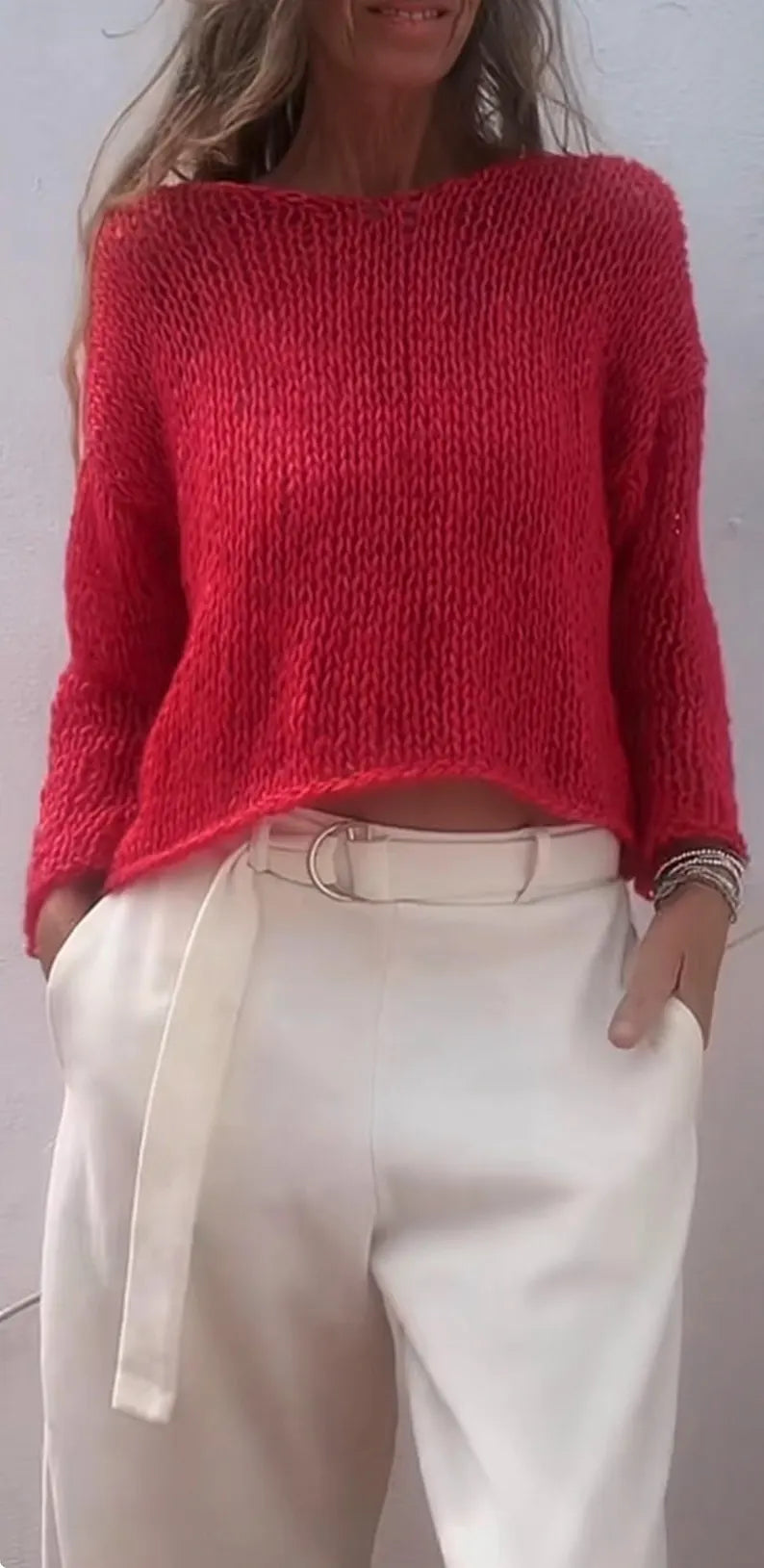 Red sweater, transitional airy lightweight oversized relaxed fit summer knit alpaca blend
