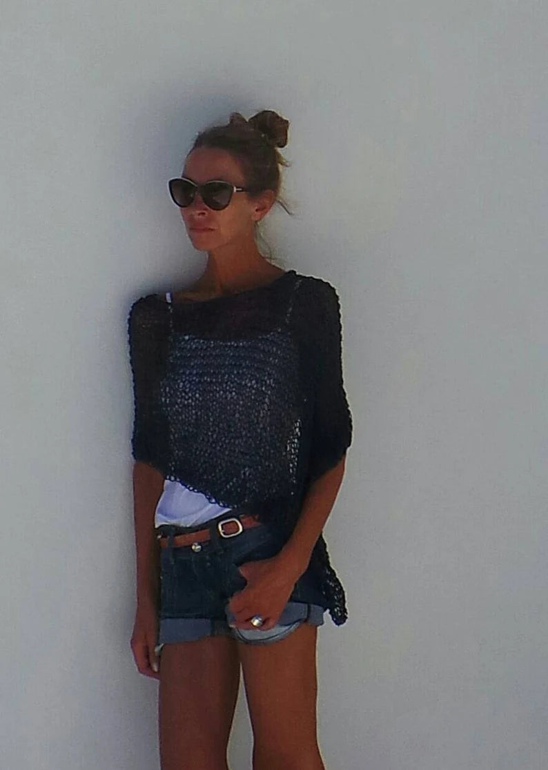 blue cotton poncho denim blue loose knit summer poncho.