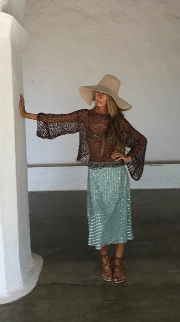 Brown cotton sheer top, backless,v back detail looseknit summer top