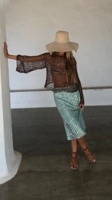 Brown cotton sheer top, backless,v back detail looseknit summer top
