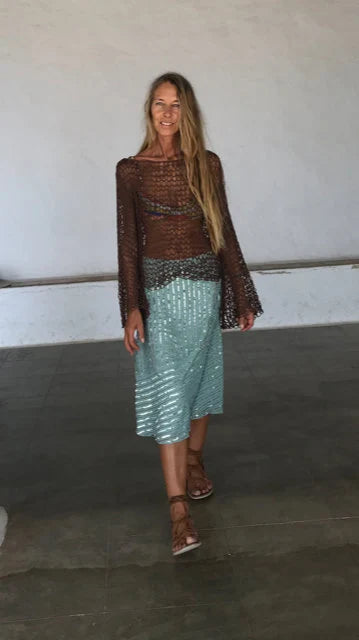 Brown cotton sheer top, backless,v back detail looseknit summer top