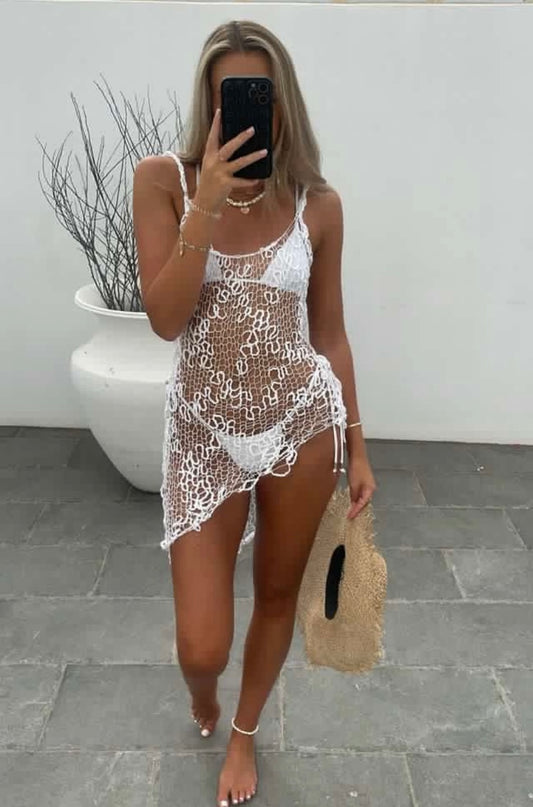 White sheer knit backless dress, with asymmetric hemline Ibiza beach style