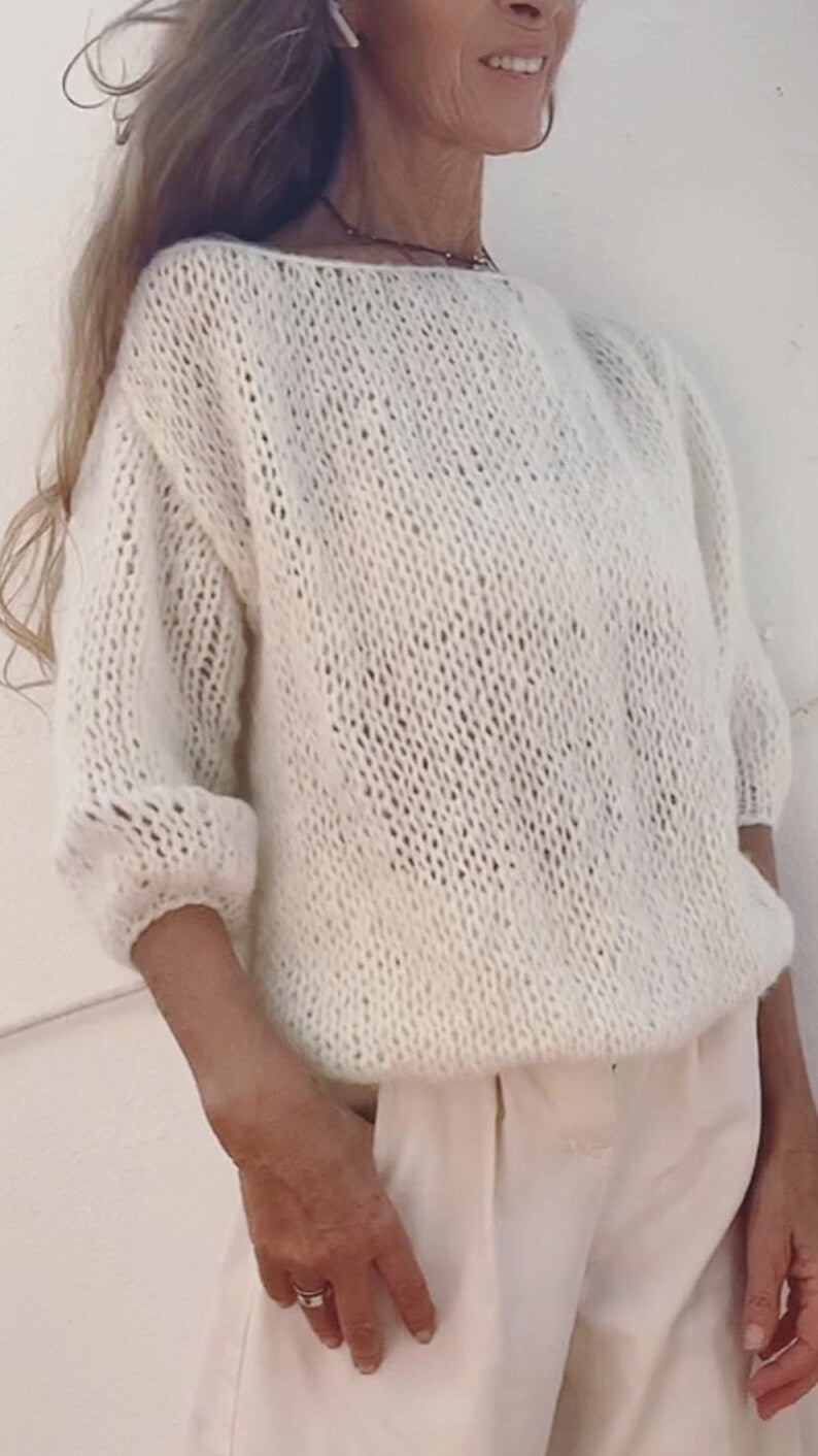 Ivory white puff sleeve sweater,  lightweight alpaca summer sweater, sustainable and ethically made